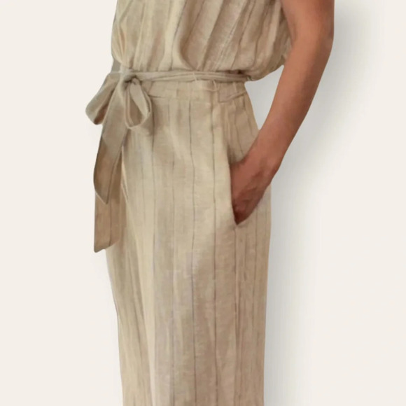 DREW Linen-Blend Tie Front V Neck Striped Jumpsuit - Picture 2 of 14